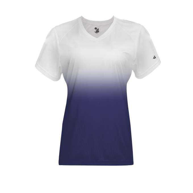 Badger Sport 4207 Ombre Women&#39;s Tee - White Navy - HIT a Double - 1