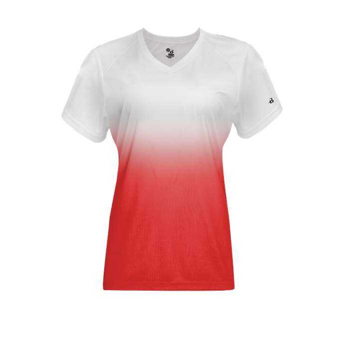 Badger Sport 4207 Ombre Women&#39;s Tee - White Red - HIT a Double - 1
