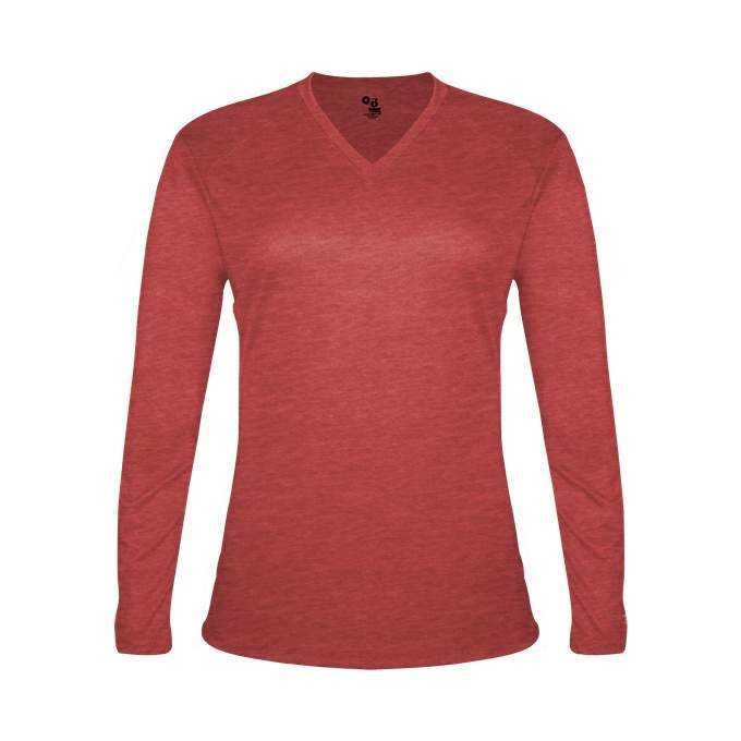 Badger Sport 4964 Tri-Blend L/S Ladies Tee - Red Heather - HIT a Double - 1
