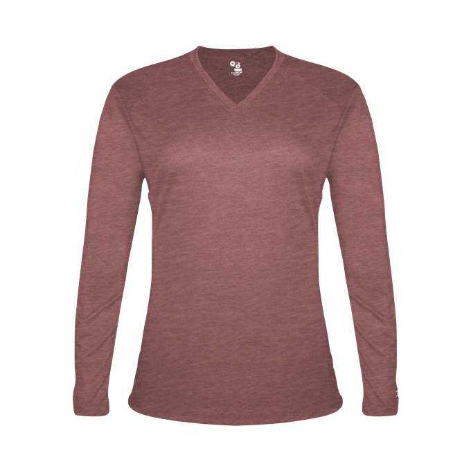 Badger Sport 4964 Tri-Blend L/S Ladies Tee - Maroon Heather - HIT a Double - 1