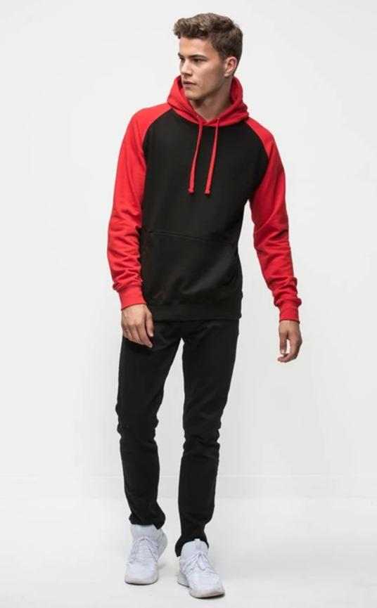 Just Hoods JHA009 Baseball Hoodie - Jet Black Fire Red - HIT a Double