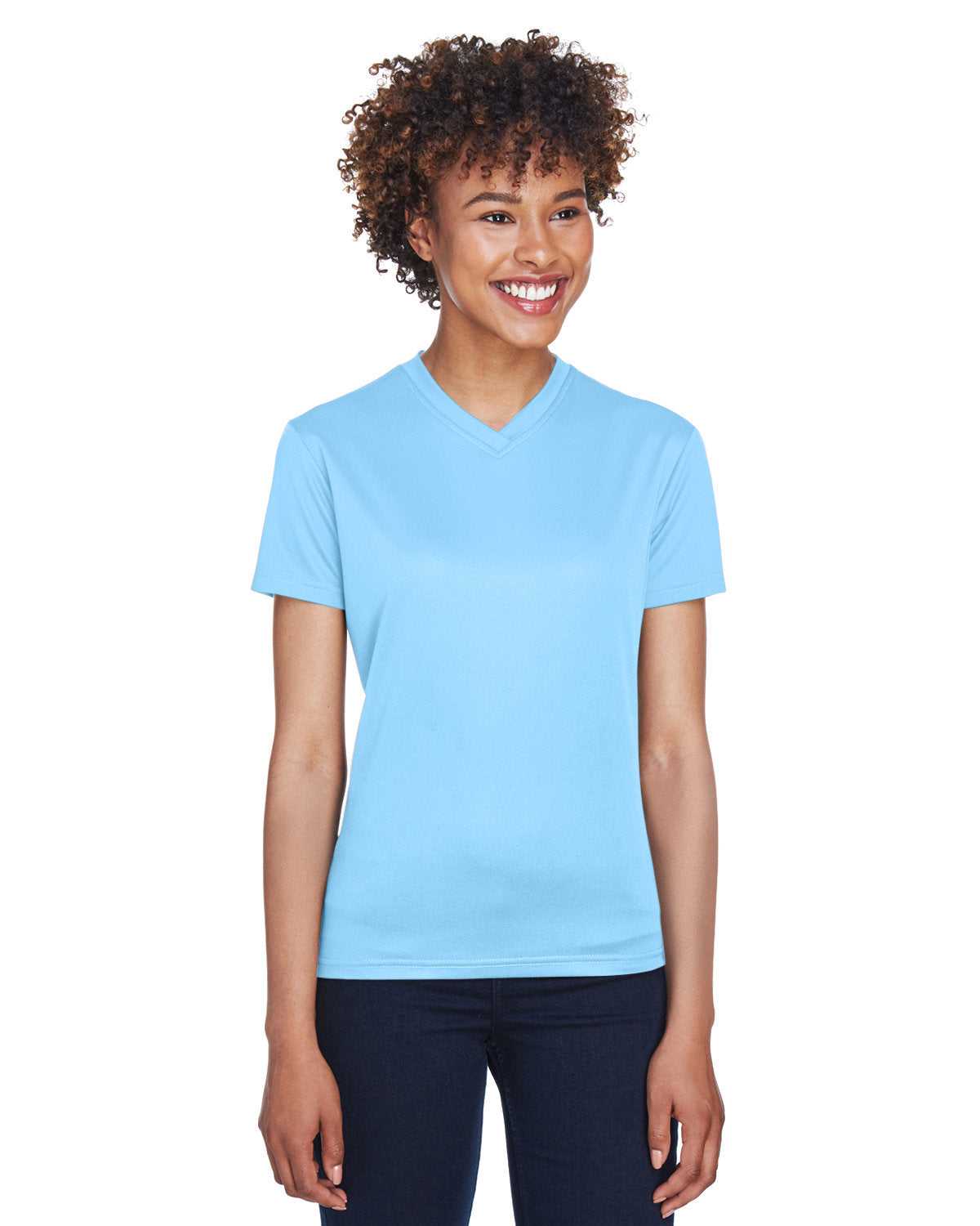 Ultraclub 8400L Ladies&#39; Cool &amp; Dry Sport V-Neck T-Shirt - Columbia Blue - HIT a Double - 1