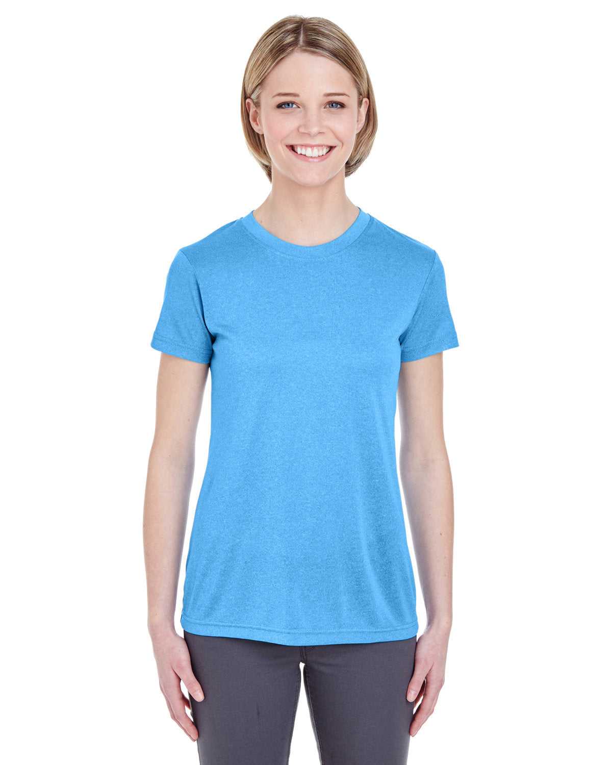 Ultraclub 8619L Ladies' Cool & Dry Heathered Performance T-Shirt - Columbia Blue Heather - HIT a Double - 1