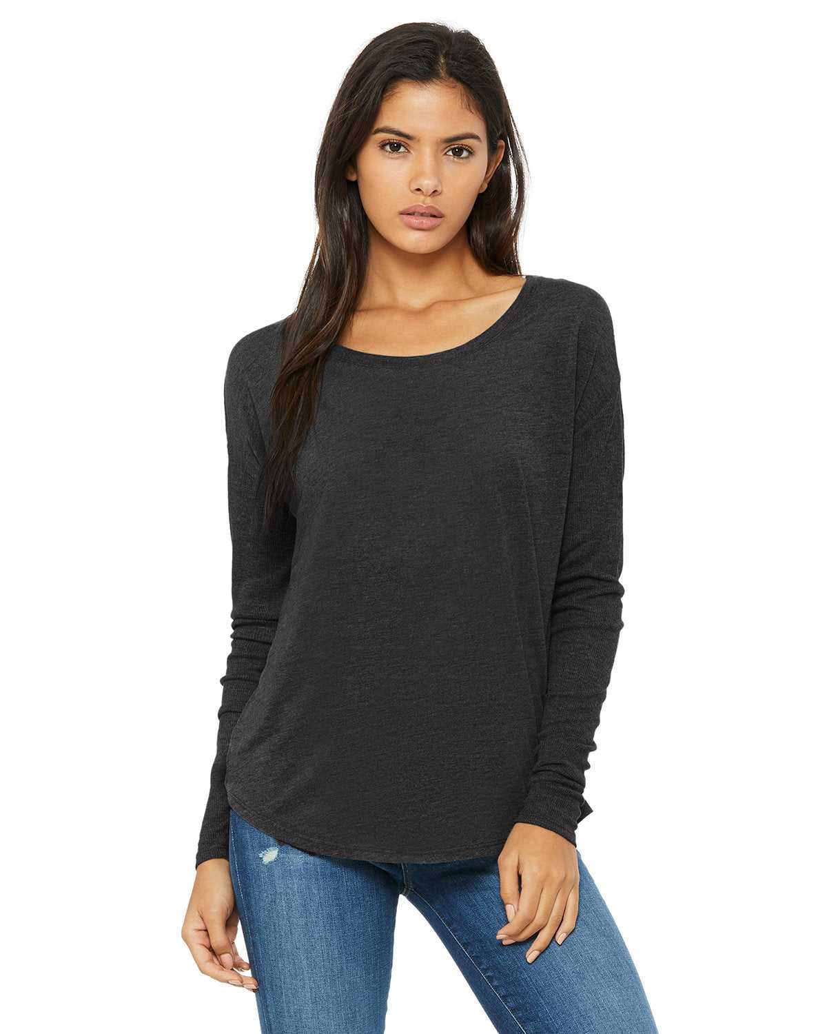 Bella + Canvas 8852 Ladies' Flowy Long-Sleeve T-Shirt with 2X1 Sleeves - Dark Gray Heather - HIT a Double - 1