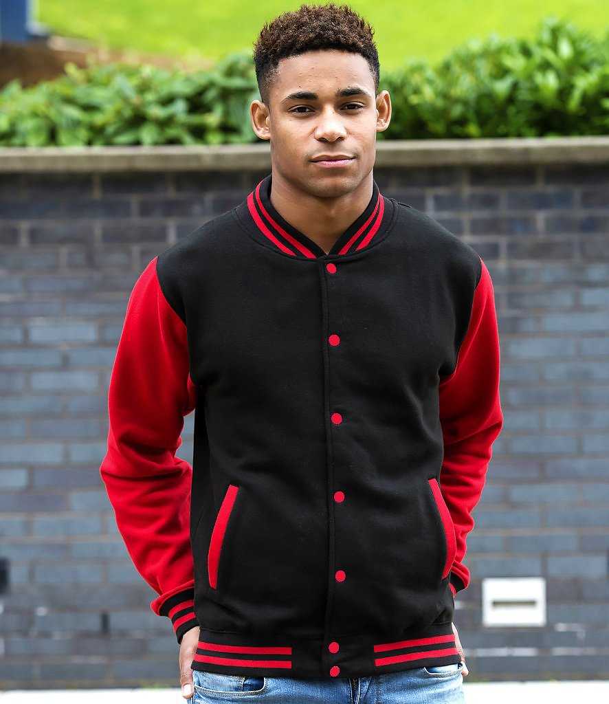 Just Hoods JHA043 Letterman Jacket - Jet Black Fire Red - HIT a Double