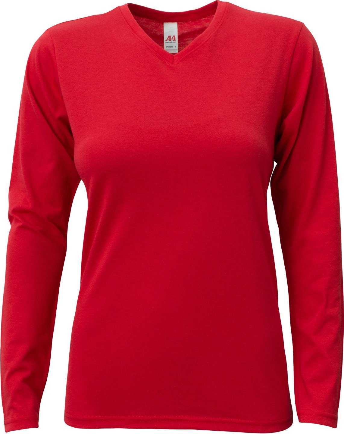 A4 NW3029 Ladies&#39; Long-Sleeve Softek V-Neck T-Shirt - SCARLET - HIT a Double - 2