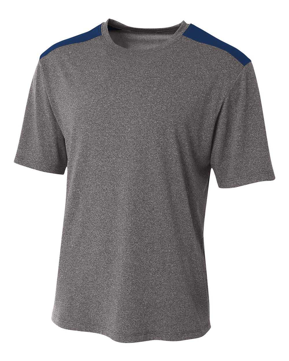 A4 N3100 Tourney Heather Short Sleeve Color Block Crew - Heather Navy - HIT a Double
