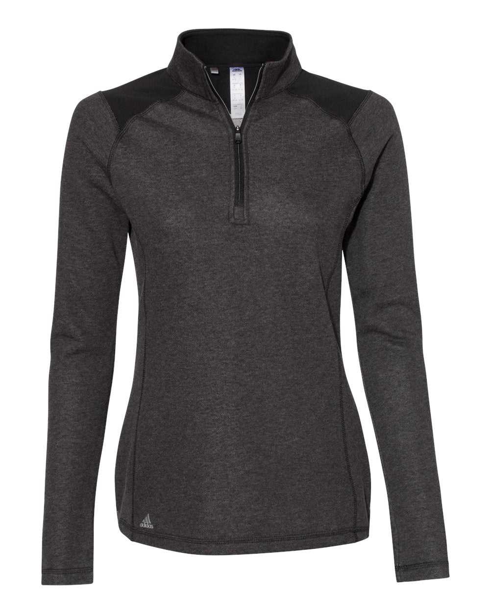 Adidas A464 Women&#39;s Heathered Quarter Zip Pullover with Colorblocked Shoulders - Black Heather - HIT a Double