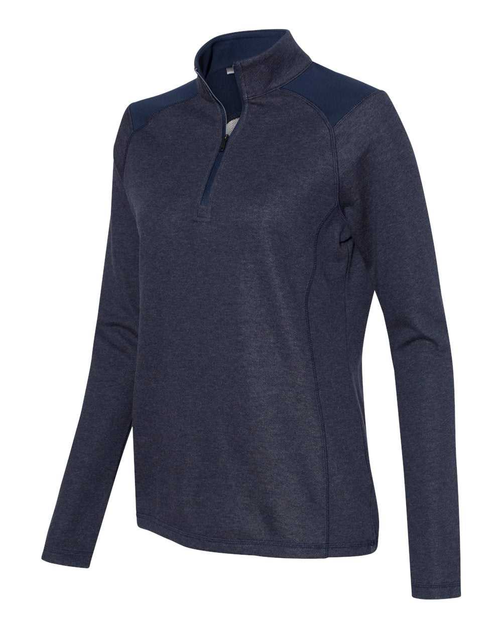Adidas A464 Women&#39;s Heathered Quarter Zip Pullover with Colorblocked Shoulders - Collegiate Navy Heather - HIT a Double