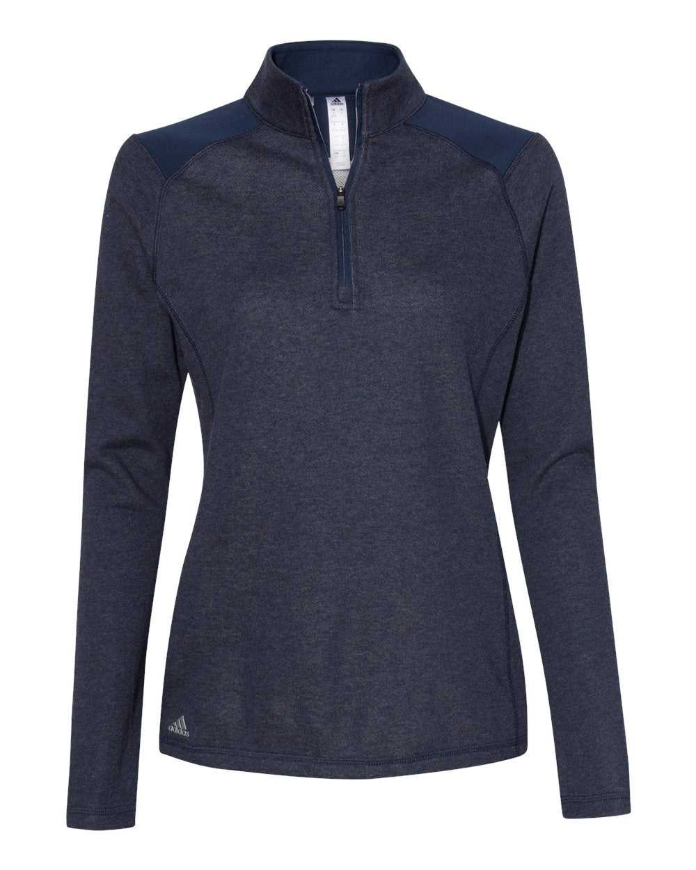 Adidas A464 Women&#39;s Heathered Quarter Zip Pullover with Colorblocked Shoulders - Collegiate Navy Heather - HIT a Double