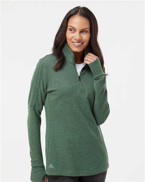 Adidas A555 Women's 3-Stripes Quarter-Zip Sweater - Green Oxide Melange" - "HIT a Double