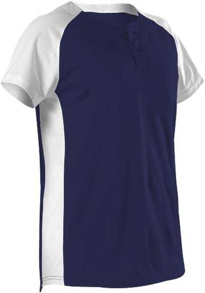 Alleson Athletic 522PDWG Girl&#39;s Two Button Fastpitch Jersey - Navy White - HIT a Double - 1