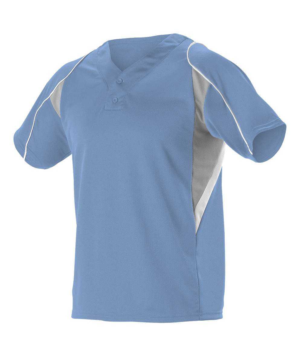 Alleson Athletic 529Y Youth 2 Button Henley Baseball Jersey - Carolina Blue Gray White - HIT a Double - 1