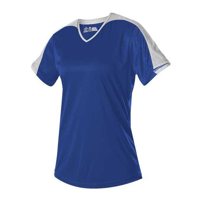 Alleson Athletic 558VG Girls V Neck Fastpitch Jersey - Royal White - HIT a Double - 1