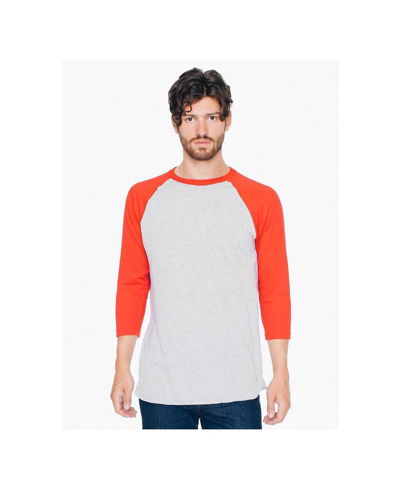 American Apparel BB453W Poly-Cotton 3/4-Sleeve Raglan T-Shirt - Heather Grey/Red - HIT a Double