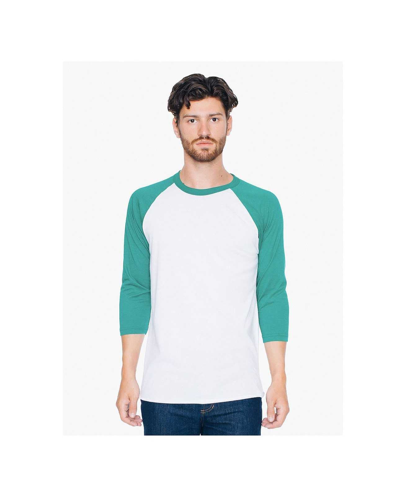 American Apparel BB453W Poly-Cotton 3/4-Sleeve Raglan T-Shirt - White/Evergreen - HIT a Double