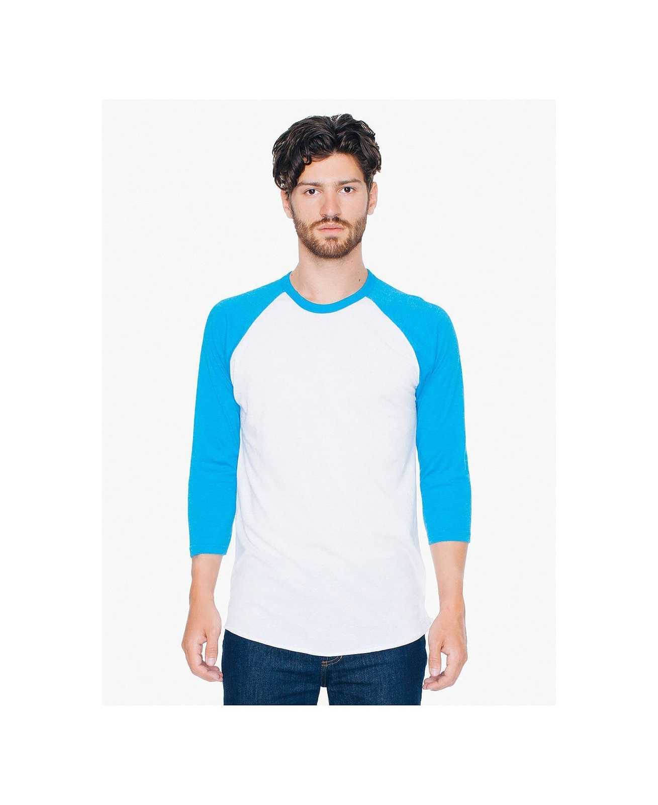 American Apparel BB453W Poly-Cotton 3/4-Sleeve Raglan T-Shirt - White/Neon Heather Blue - HIT a Double