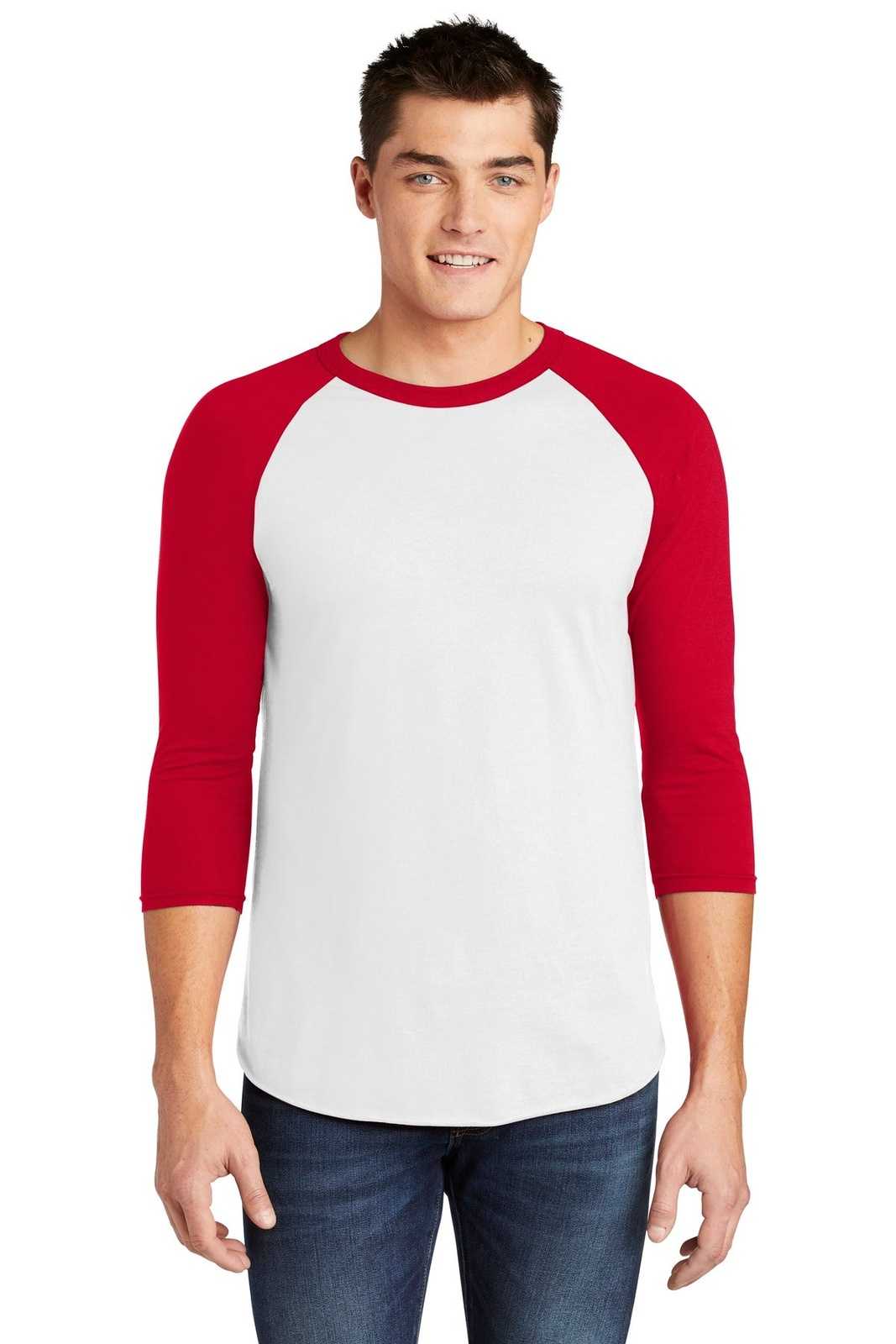 American Apparel BB453W Poly-Cotton 3/4-Sleeve Raglan T-Shirt - White Red - HIT a Double