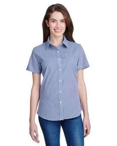 Artisan Collection by Reprime RP321 Ladies&#39; Microcheck Gingham Short-Sleeve Cotton Shirt - Navy White - HIT a Double