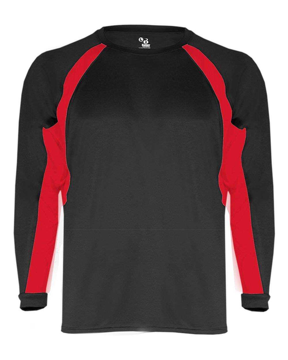 Badger Sport 2154 Hook Youth Long Sleeve Tee - Black Red - HIT a Double - 1
