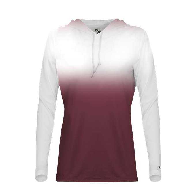 Badger Sport 4208 Ombre Women&#39;s Hoodie Tee - White Maroon - HIT a Double - 1