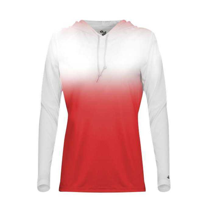 Badger Sport 4208 Ombre Women&#39;s Hoodie Tee - White Red - HIT a Double - 1