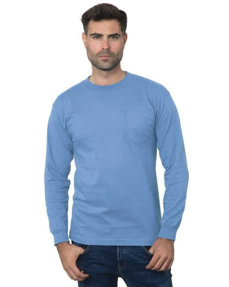 Bayside 3055 Union-Made Long Sleeve T-Shirt with a Pocket - Carolina Blue - HIT a Double