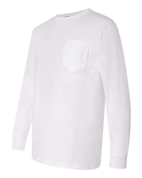 Bayside 3055 Union-Made Long Sleeve T-Shirt with a Pocket - White - HIT a Double