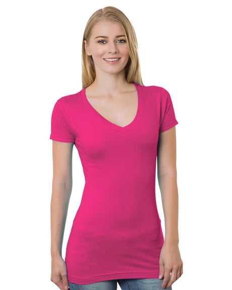 Bayside 3407 Women&#39;s USA-Made V-Neck Tee - Bright Pink - HIT a Double