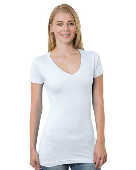 Bayside 3407 Women&#39;s USA-Made V-Neck Tee - White - HIT a Double