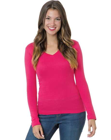 Bayside 3415 Women&#39;s USA-Made Long Sleeve Deep V-Neck - Bright Pink - HIT a Double