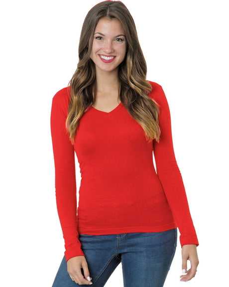 Bayside 3415 Women&#39;s USA-Made Long Sleeve Deep V-Neck - Red - HIT a Double
