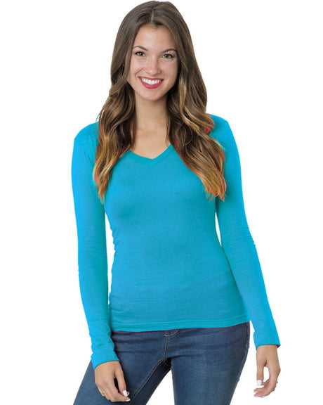 Bayside 3415 Women&#39;s USA-Made Long Sleeve Deep V-Neck - Turquoise - HIT a Double