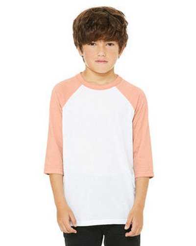 Bella + Canvas 3200Y Youth 3/4 Sleeve Baseball T-Shirt - White Heather Peach - HIT a Double