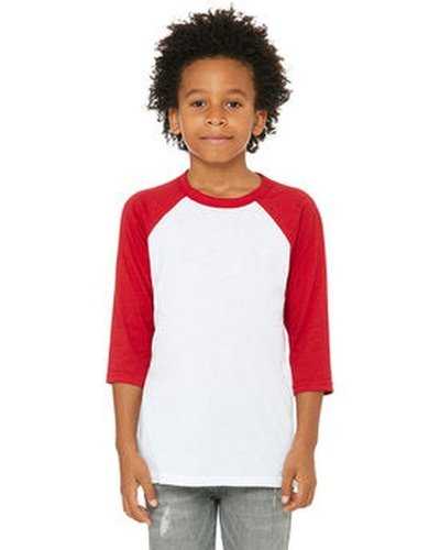 Bella + Canvas 3200Y Youth 3/4 Sleeve Baseball T-Shirt - White Red - HIT a Double