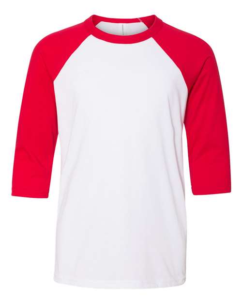 Bella + Canvas 3200Y Youth Three-Quarter Sleeve Baseball Tee - White Red - HIT a Double