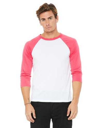 Bella + Canvas 3200 Unisex 3/4 Sleeve Baseball T-Shirt - White Neon Pink - HIT a Double