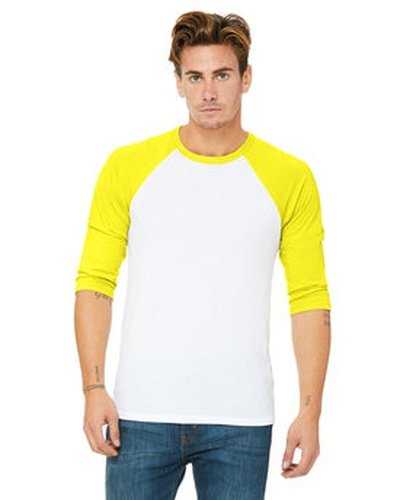 Bella + Canvas 3200 Unisex 3/4 Sleeve Baseball T-Shirt - White Neon Yellow - HIT a Double