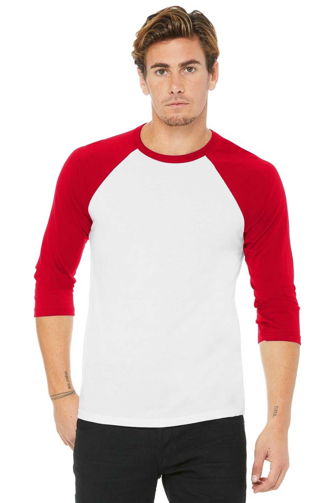 Bella + Canvas 3200 Unisex 3/4-Sleeve Baseball Tee - White Red - HIT a Double