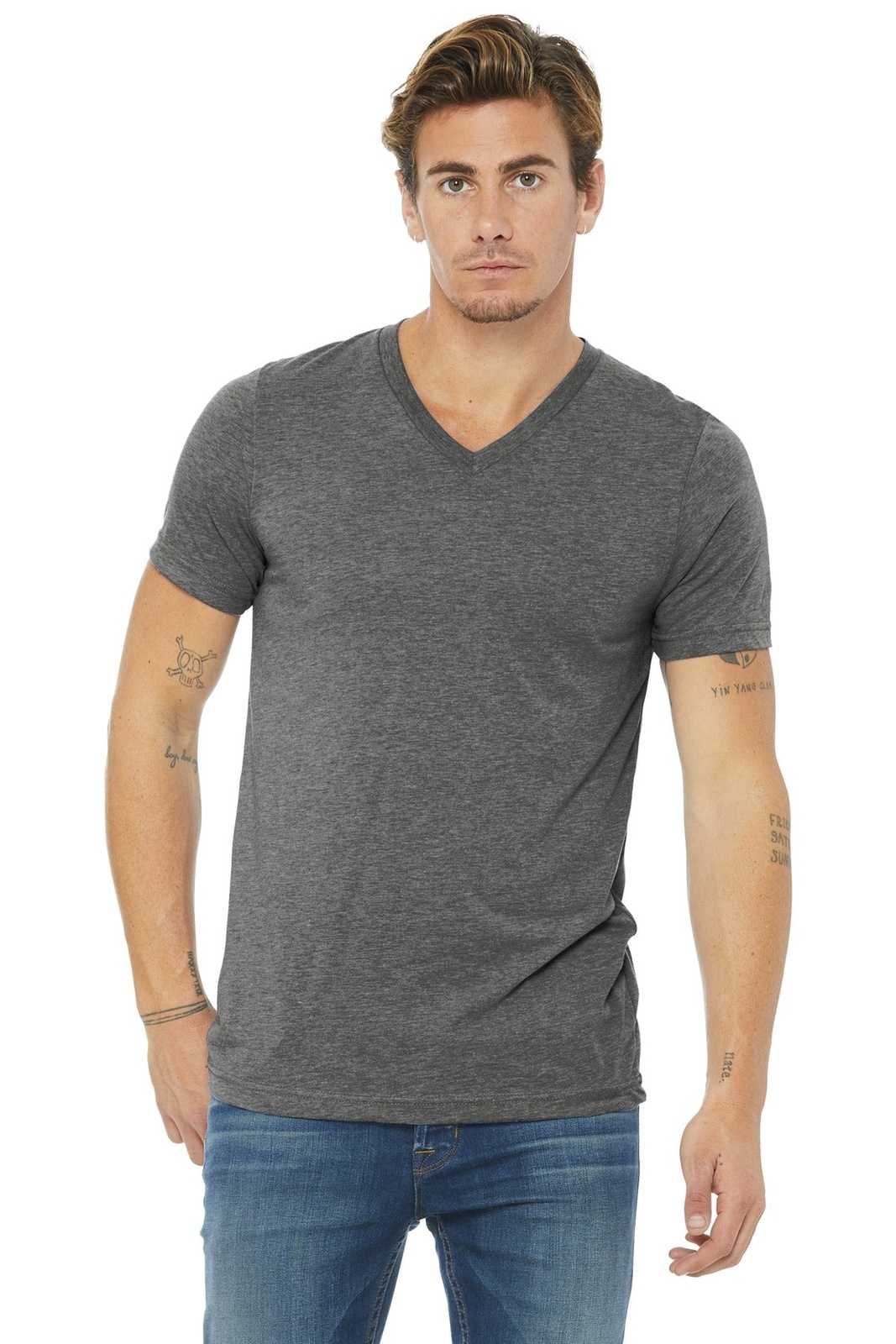 Bella + Canvas 3415 Unisex Triblend Short Sleeve V-Neck Tee - Athletic Gray Triblend - HIT a Double