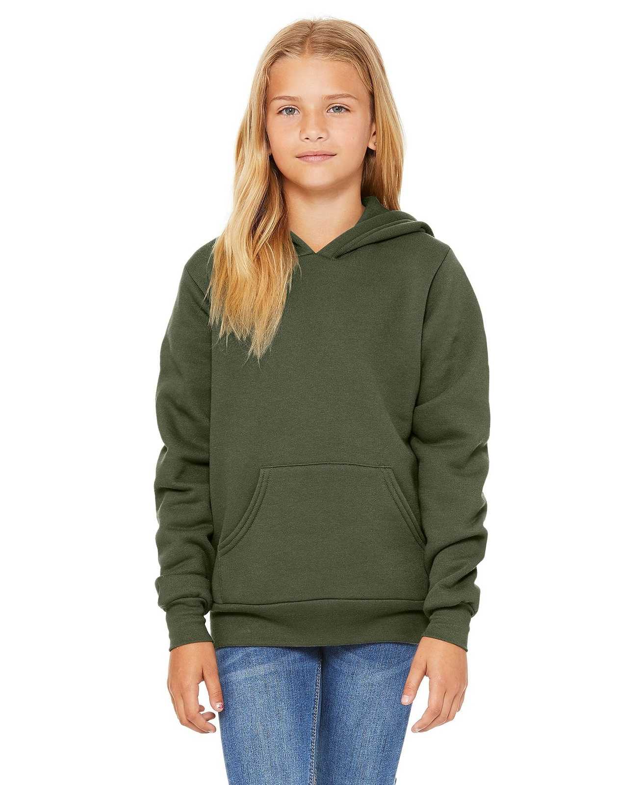 Bella + Canvas 3719Y Youth Sponge Fleece Pullover Hoodie - Military Green - HIT a Double