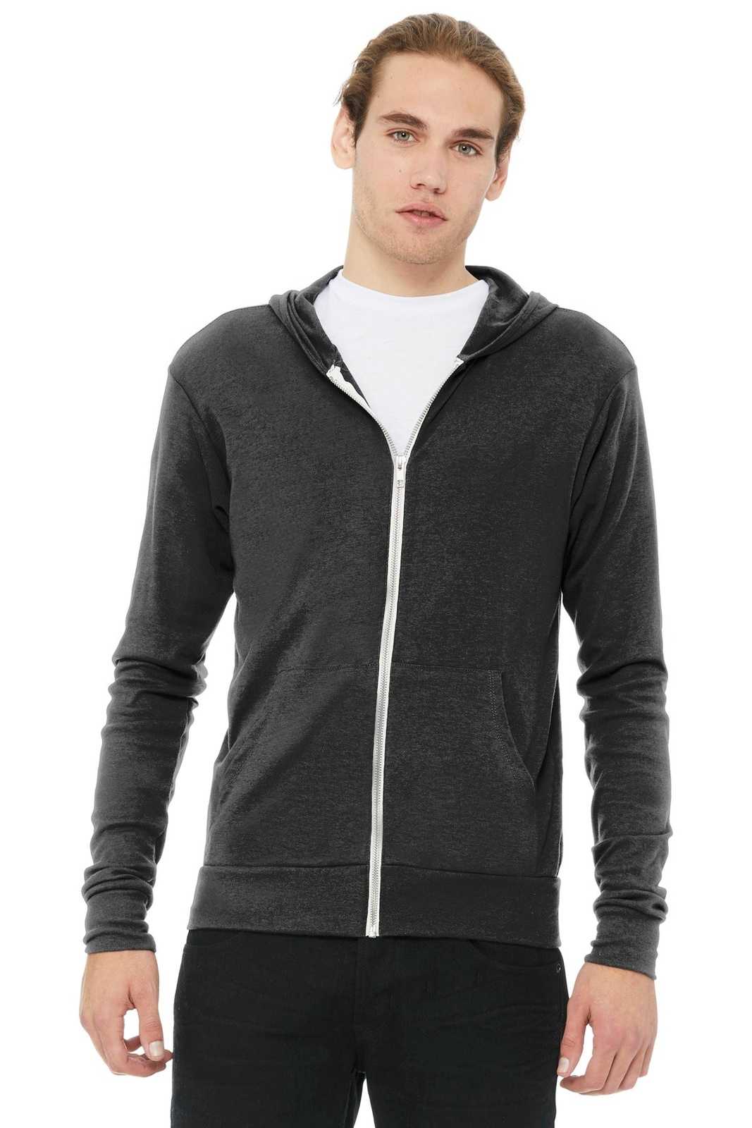 Bella + Canvas 3939 Unisex Triblend Full-Zip Lightweight Hoodie - Charcoal-Black Triblend - HIT a Double