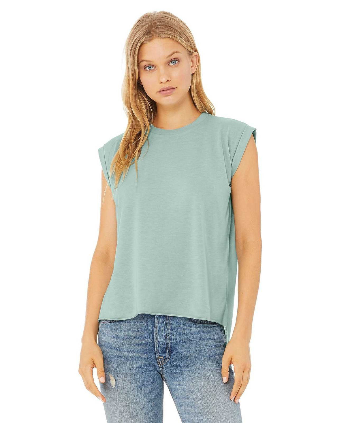 Bella + Canvas 8804 Women&#39;s Flowy Muscle Tee with Rolled Cuffs - Dusty Blue - HIT a Double