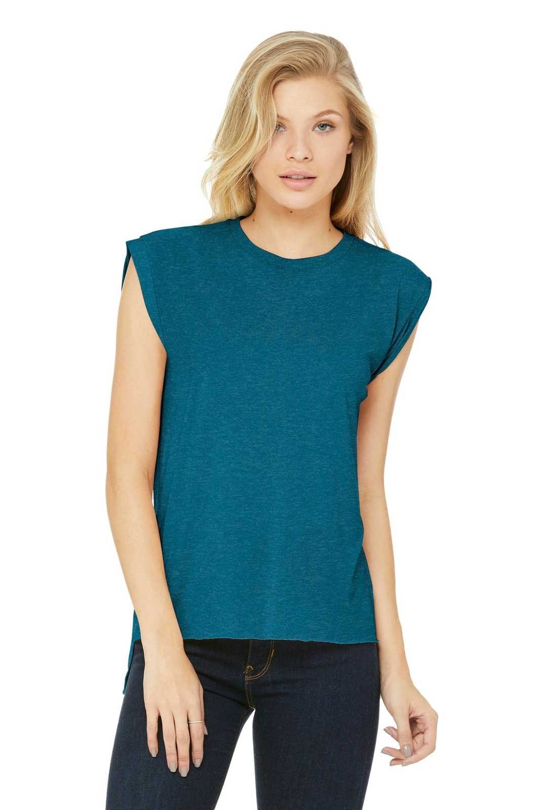 Bella + Canvas 8804 Women&#39;s Flowy Muscle Tee with Rolled Cuffs - Heather Deep Teal - HIT a Double