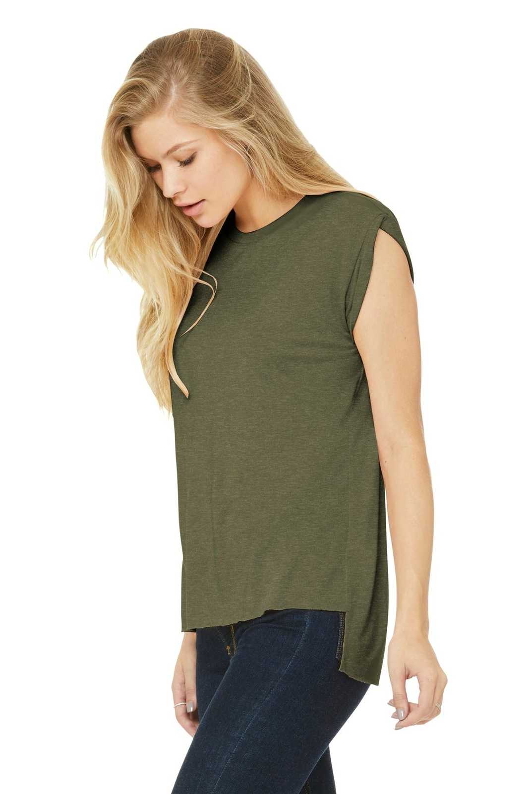 Bella + Canvas 8804 Women&#39;s Flowy Muscle Tee with Rolled Cuffs - Heather Olive - HIT a Double