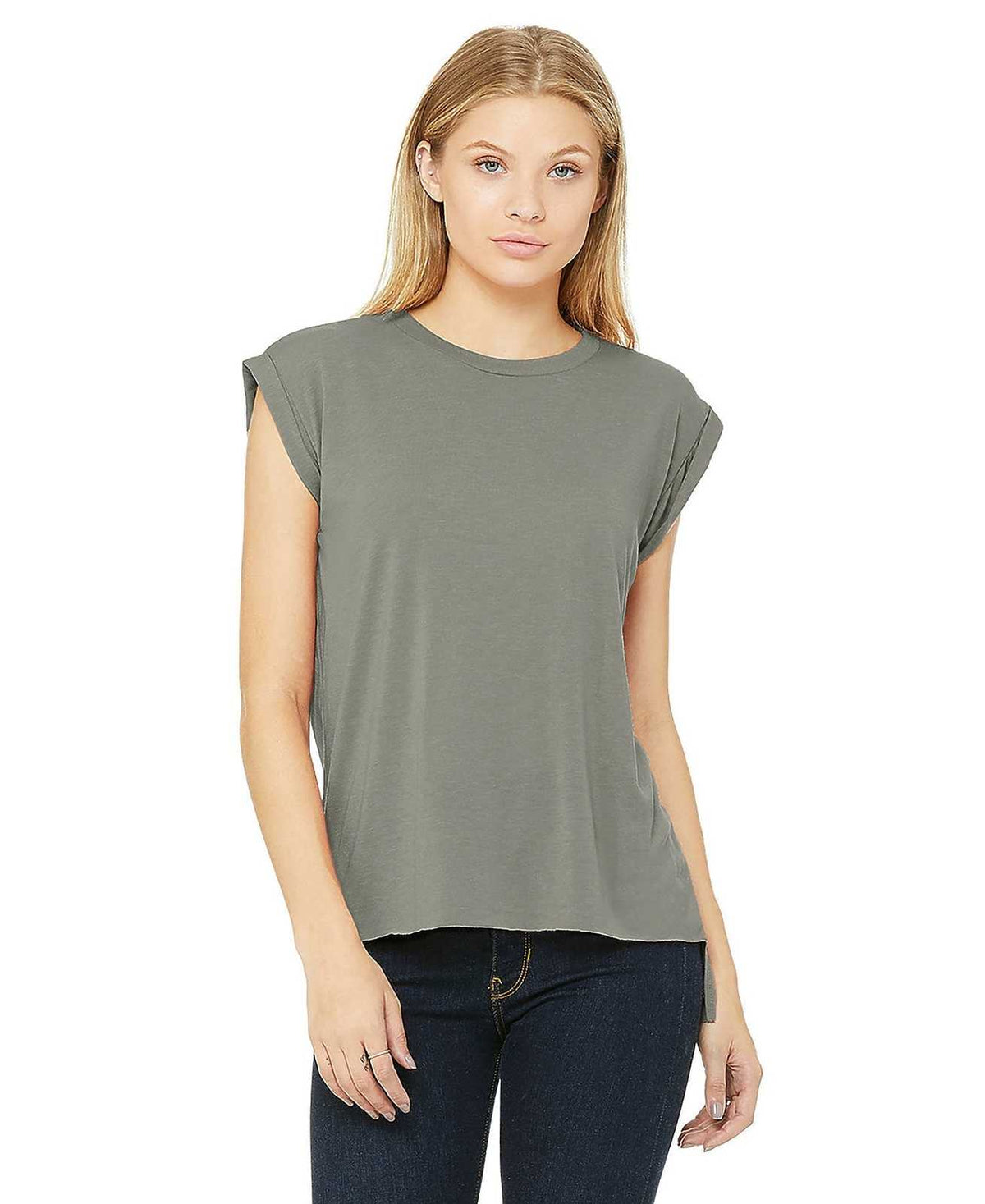 Bella + Canvas 8804 Women&#39;s Flowy Muscle Tee with Rolled Cuffs - Heather Stone - HIT a Double