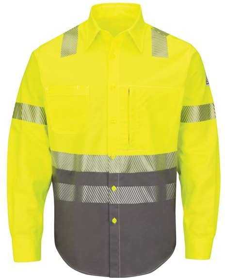 Bulwark SLB4HL Hi-Visibility Color Block Uniform Shirt - EXCEL FR ComforTouch - 7 oz. - Long Sizes - Yellow - HIT a Double - 1