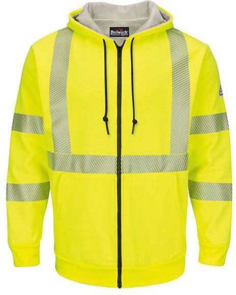 Bulwark SMZ4HVL Hi-Visibility Zip-Front Hooded Fleece Sweatshirt with Waffle Lining - Long Sizes - Yellow/ Green - HIT a Double - 1