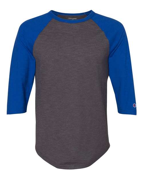Champion CP75 Premium Fashion Raglan Three-Quarter Sleeve Baseball T-Shirt - Charcoal Heather Athletic Royal - HIT a Double