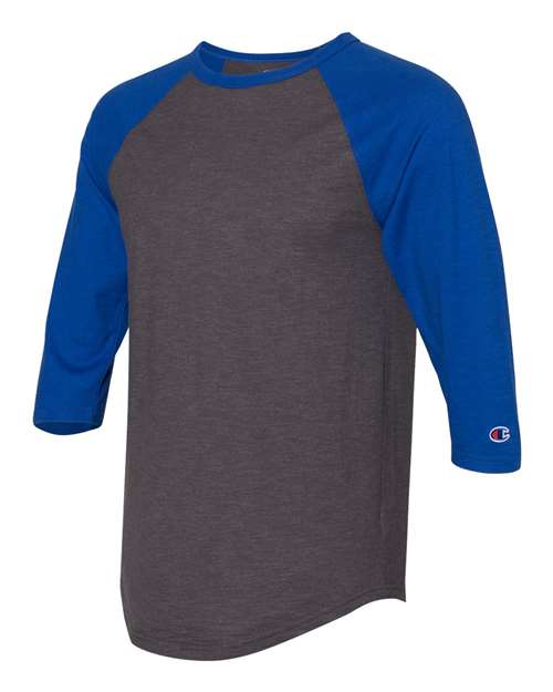Champion CP75 Premium Fashion Raglan Three-Quarter Sleeve Baseball T-Shirt - Charcoal Heather Athletic Royal - HIT a Double